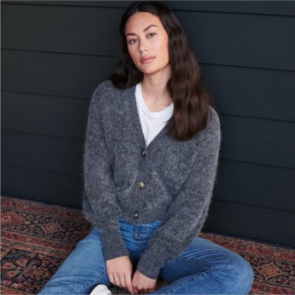 Quince Baby Alpaca-Wool Cropped Cardigan Charcoal Grey Sz S Classic Minimalist - Picture 2 of 11